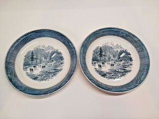 Vintage Blue Currier And Ives Royal China Jeanette Pie Plates 10 "