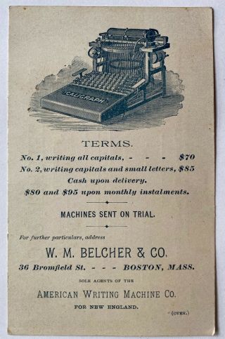 Early Trade Card American Writing Machine The Caligraph W M Belcher Boston Ma
