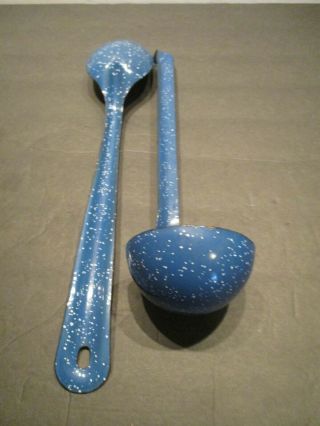 Vintage Pair Blue White Enamelware Serving Spoon And Ladle Camping 14 " And 11 "