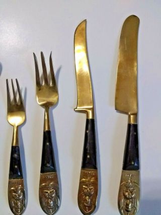 Antique flatware gold tone Tibetan bronze hand forge bone handle 7pc set 2