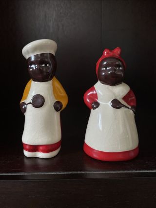 Vintage Yellow,  Red,  Brown & White Chef Cook Salt & Pepper Shakers Set