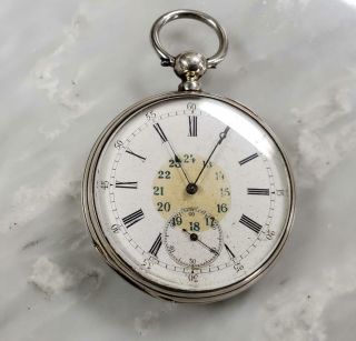 Antique Key Wind Pocket Watch With Sterling Silver Case & 24 Hour Dial 9 - H1389