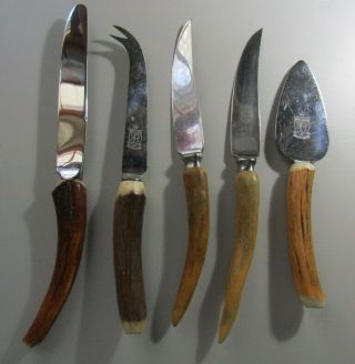 5 Vintage Faux Antler Stag Horn Knives Sheffield Stainless Kirk & Matz & Barber