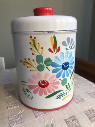 Vintage Ransburg Canister Hand Painted Flowers Tin Metal Kitchen