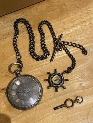 Hallmarked Solid Silver Fusee Antique Pocket Watch With Watch Chain Compass Fob
