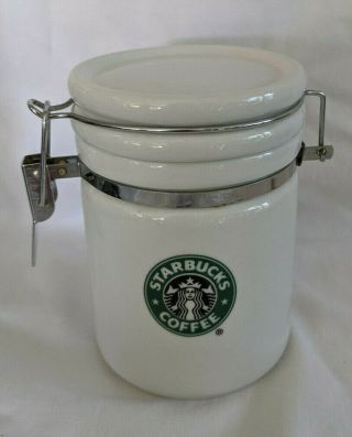 2007 Starbucks White Ceramic Canister Siren Coffee Tea 4 1/2 " Tall