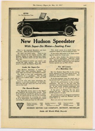 1917 Hudson Motor Car Co.  Ad: Hudson Speedster W/ Six Motor Pictured