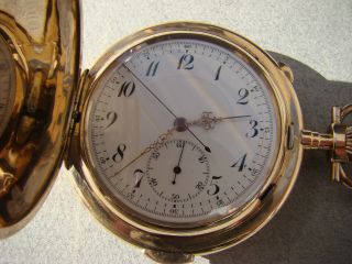 Xxl Antique 14k Rose Gold Hunter Case Quarter Repeater Chronograph Pocket Watch