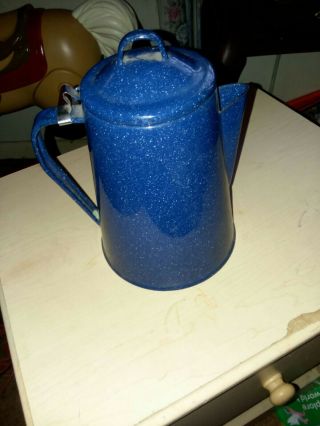 Vintage Cowboy Blue Speckled Enamel Coffee Pot With Basket.