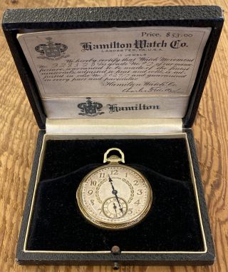 Antique Hamilton Pocket Watch Gold Filled With Rare Case Box Runs