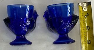 Vintage Cobalt Blue Glass Bird Hen Chicken Egg Cup Arc France Set Of 2