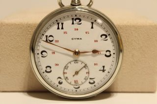 Vintage Ww2 Era Swiss Open Face Pocket Watch " Cyma " With Bicolor Porcelain Dial
