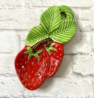Red Strawberry Spoon Rest Ceramic Fruit Green Stems Leaves Garden Hanging Japan