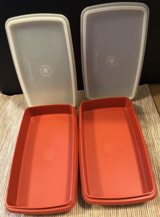 2 Tupperware Vintage 816 Lunch Meat Deli Keepers Paprika Red With Sheer Lids 817