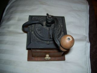 Vintage Cast Iron Coffee Mill Grinder With Wooden Drawer