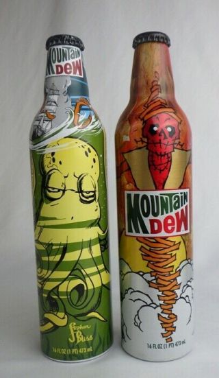 Mtn Dew Green Label Art Aluminum Cans 2009 Of An Octopus & Red Monster