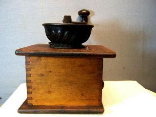 VINTAGE PRIMITIVE EARLY AMERICAN COFFEE MILL GRINDER WOOD CAST IRON HOPPER BOWL 3