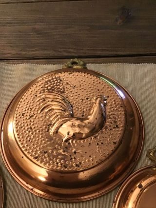 (3) Vintage Tin Lined Solid Copper Molds With Brass Hangers - Rooster,  Hen,  Chick 3