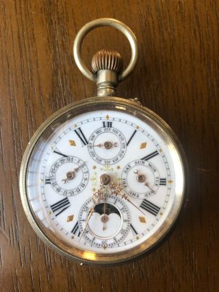 Antique Swiss Triple Calendar Moon Phase Clear Back Salesman Pocket Watch
