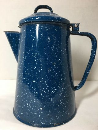 Vintage Small 6.  5 " Blue Speckled Enamel 2 Cup Coffee Kettle Pot