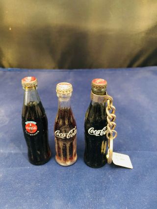 3 Vintage Mini Coca Cola Glass Bottles 1 Key Chain Atlanta Tullahoma Metal Cap