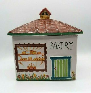 Vintage Italian Pottery Cookie Jar Bread Bakery With Roof Lid Italy