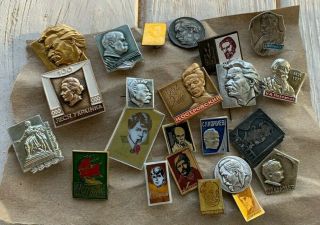 Set Of Soviet Badges Ussr Lesya Ukrainka Esenin Shevchenko Nekrasov Vintage Pins