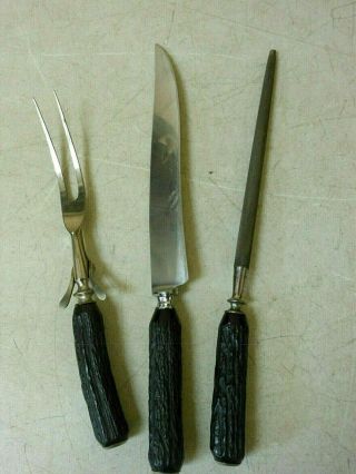 3 Pc Vintage Universal Stag Horn Handled Carving Set Knife Fork & Sharpener