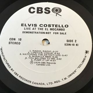ELVIS COSTELLO Live At The El Mocambo - 1978 Canadian issue promotional Vinyl LP 3