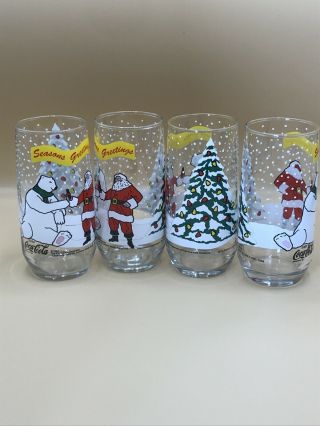 Set Of 4 Vintage Coca - Cola Christmas 1994 Drinking Glasses - Seasons Greetings