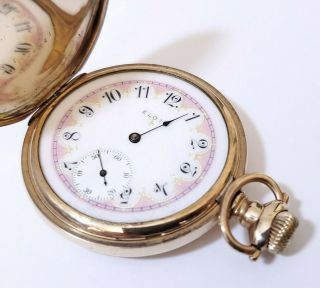 Elgin Gold Filled 7 Jewel Size 16s Pocket Watch With Pink Trim Dial