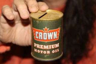 Vintage Crown Premium Motor Oil Gas Station Coin Bank Gas Oil Can Sign