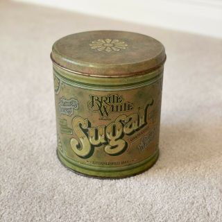 Vintage Bright White Brand Green Tin Canister Sugar Container With Lid