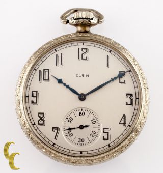 Vintage Elgin White Gold Filled Open Face Pocket Watch 17 Jewels Size 12 1925