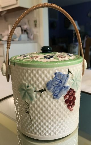 Vtg Hand Painted Biscuit Cookie Jar Blue Floral Wicker Basket Handle Japan 4.  75 "