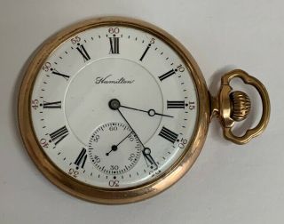 1910 Hamilton 17 Jewel Grade 975 16 Size Pocket Watch 14K Gold Filled Running 2