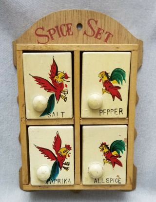 Vintage 4 Pc Wooden Spice Set/rack - Salt/pepper/paprika/allspice