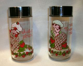 2 Vintage Strawberry Shortcake Glass Shakers Salt Pepper Sugar Spice