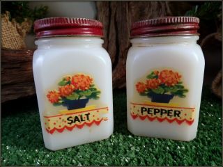 2 Vintage Tipp Milk Glass Basket Decal Salt & Pepper Shakers With Lids