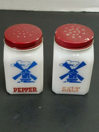 Vintage Milk Glass Salt And Pepper Shaker Set - Windmill With Red Lids