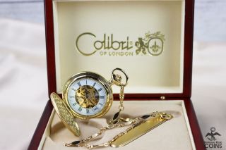 Vintage Colibri Of London Skeleton Mechanical Pocket Watch W/chain,  Knife & Case