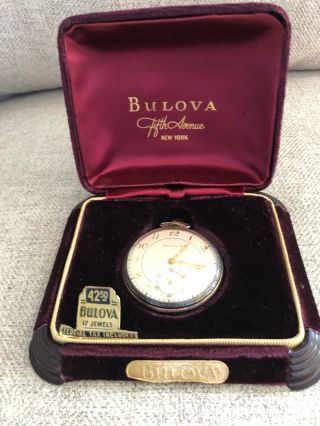 10k Rolled Gold Plate Bulova 17ah 17 Jewel Pocket Watch W/ Box