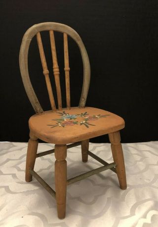 Vintage Wooden Chair Doll Or Bear Hand Painted Floral Folk Art Sturdy 10”