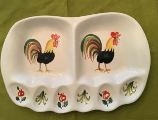 Vintage Hand Painted Majolica Deviled Egg Tray Plate Dish Rooster Made In Italy