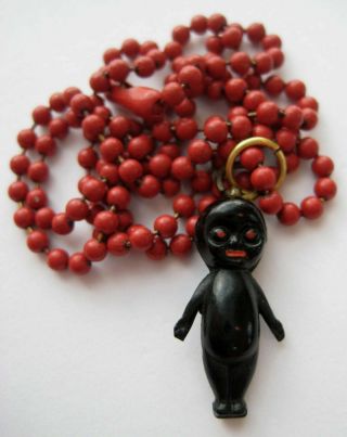 Vintage Celluloid Black Baby Doll Kewpie Charm Red Ball Bead Chain Necklace