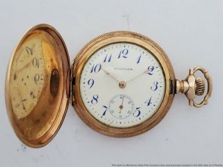 Fancy 1907 Antique Blue Dial Waltham Ladies Hunter Pocket Watch 7j Gold Filled