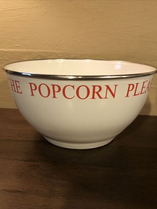 Vintage Enamel Popcorn Bowl Large White & Red “please Pass The Popcorn”