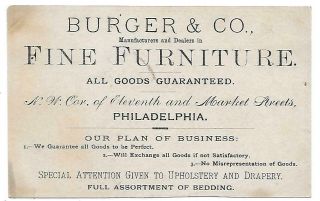 PHILADELPHIA FINE FURNITURE 1870S BURGER & CO HUNTER LITH.  VICTORIAN TRADE CARD 2