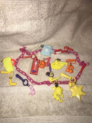 Vintage 80’s Plastic Bell Clip Charms Set Of 12 With 24 Inch Pink Chain
