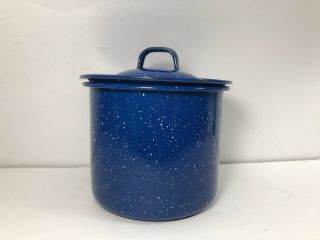 Vintage 2pc Blue White Speckled Enamelware Small Stock Pot With Lid 7”